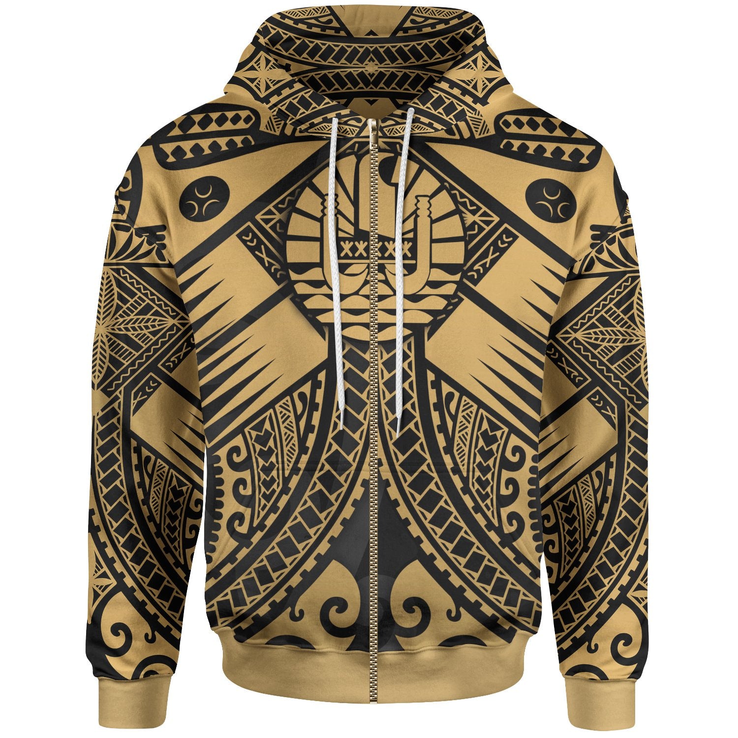 Tahiti Zip up Hoodie Gold Seal with Polynesian Tattoo Unisex Gold - Polynesian Pride