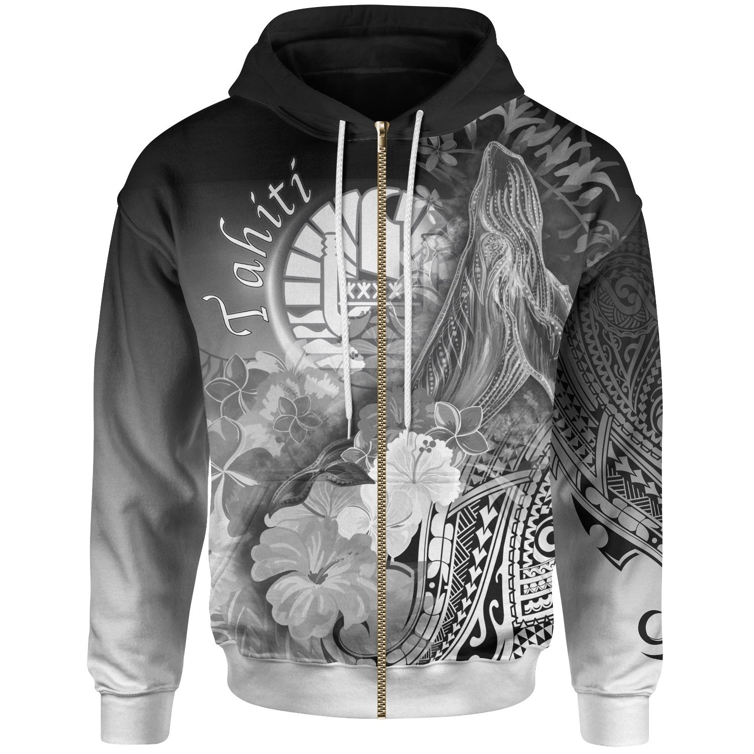 Tahiti Zip up Hoodie Humpback Whale with Tropical Flowers (White) Unisex White - Polynesian Pride