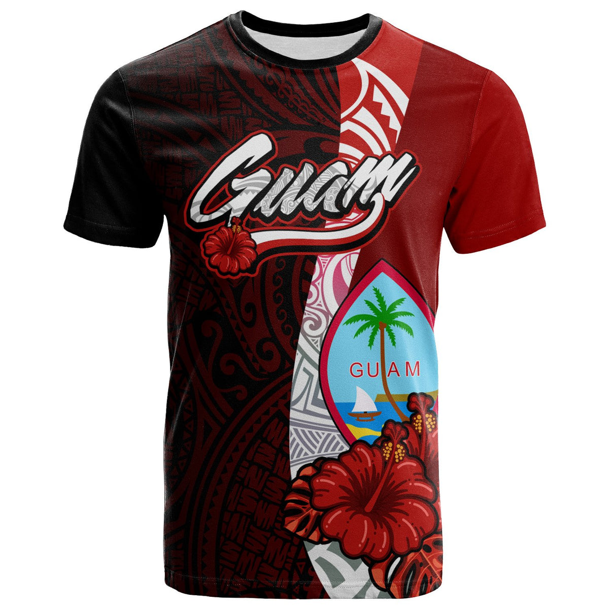 Guam Polynesian T Shirt Coat of Arm With Hibiscus Unisex Red - Polynesian Pride