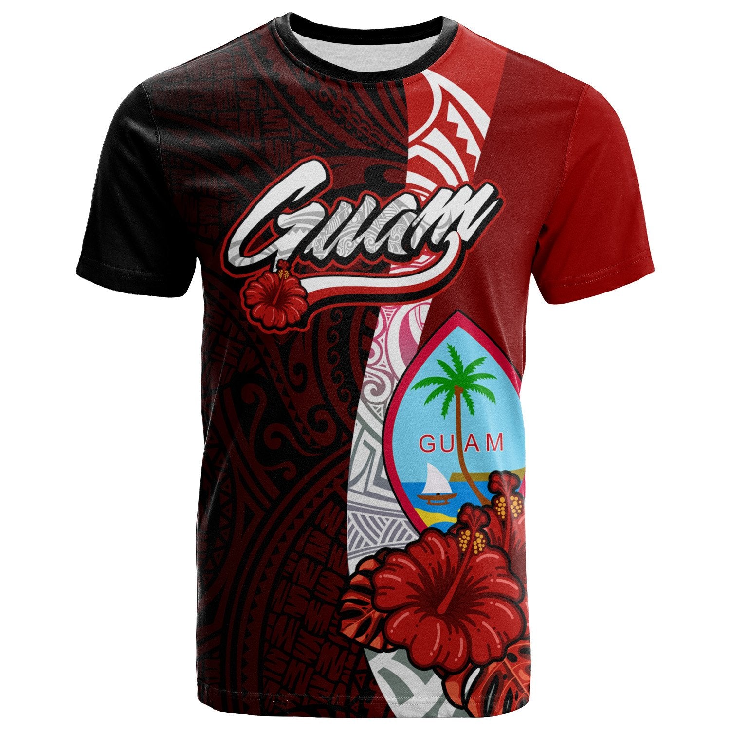 Guam Polynesian T Shirt Coat of Arm With Hibiscus Unisex Red - Polynesian Pride