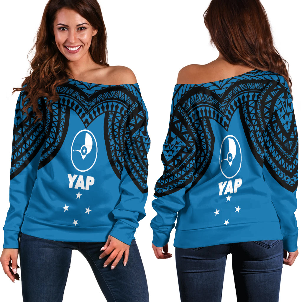 Micronesia Yap - Proud Yapese Women Off Shoulder Sweater - LT12 Blue - Polynesian Pride