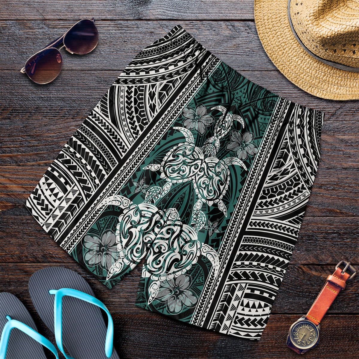 Polynesian Men's Short - Turtle With Ethnic Motives And Floral Elements - LT20 - Polynesian Pride