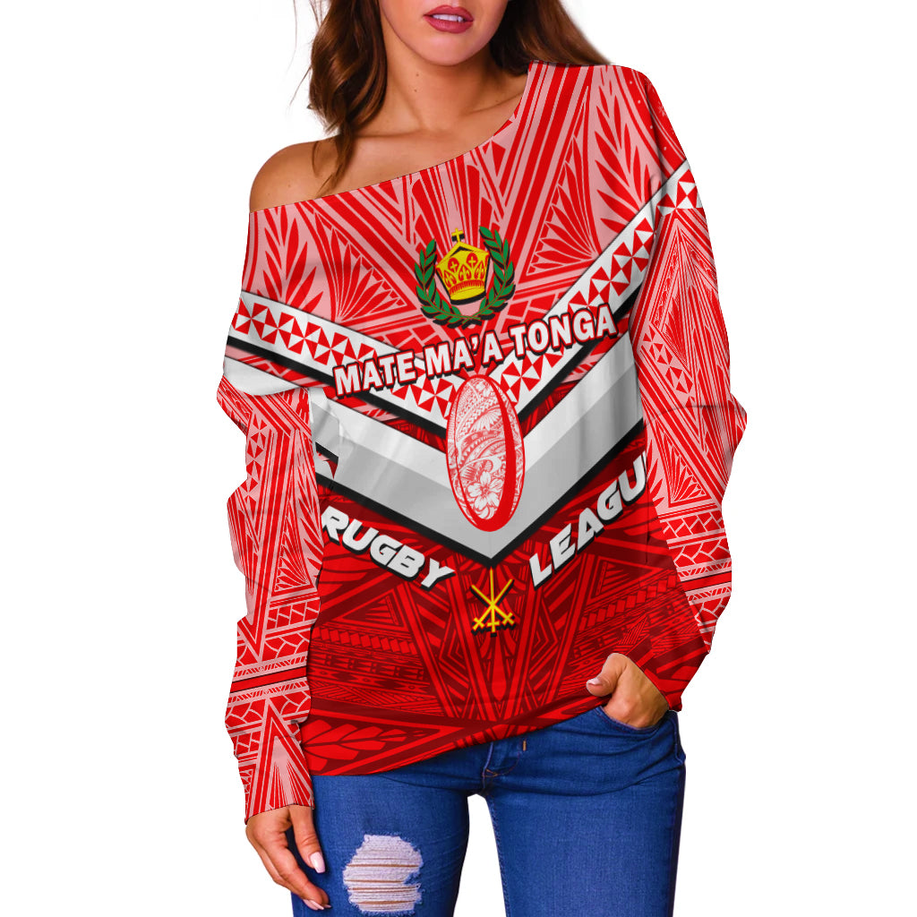 Tonga Rugby Mate Ma'a Tonga Tapa Pattern Women Off Shoulder Sweater - LT2 - Polynesian Pride