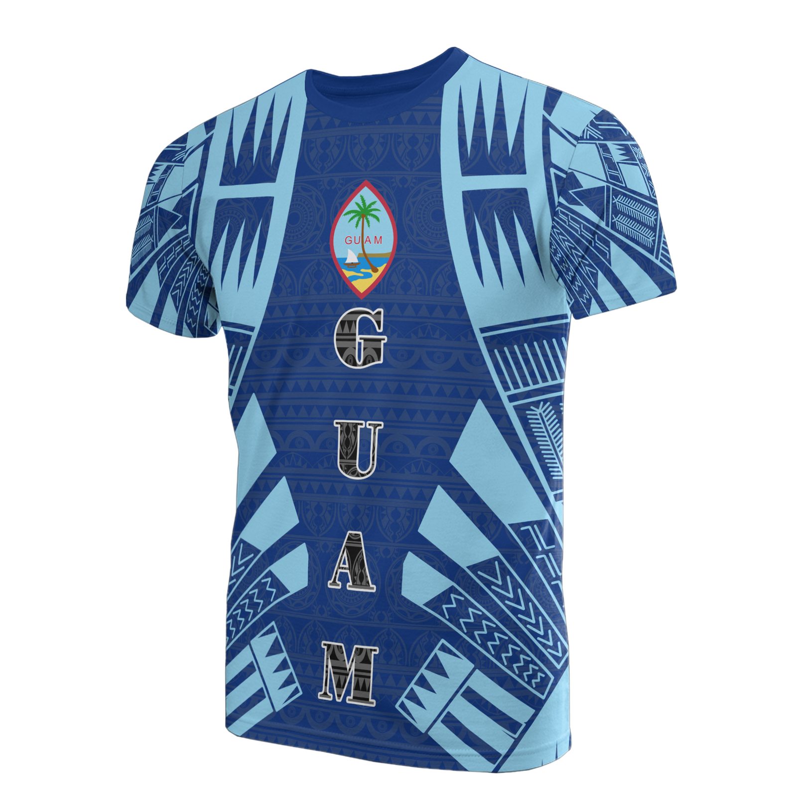 Guam T Shirt Guam Coat of Arms Polynesian Tattoo Blue Style Unisex Art - Polynesian Pride