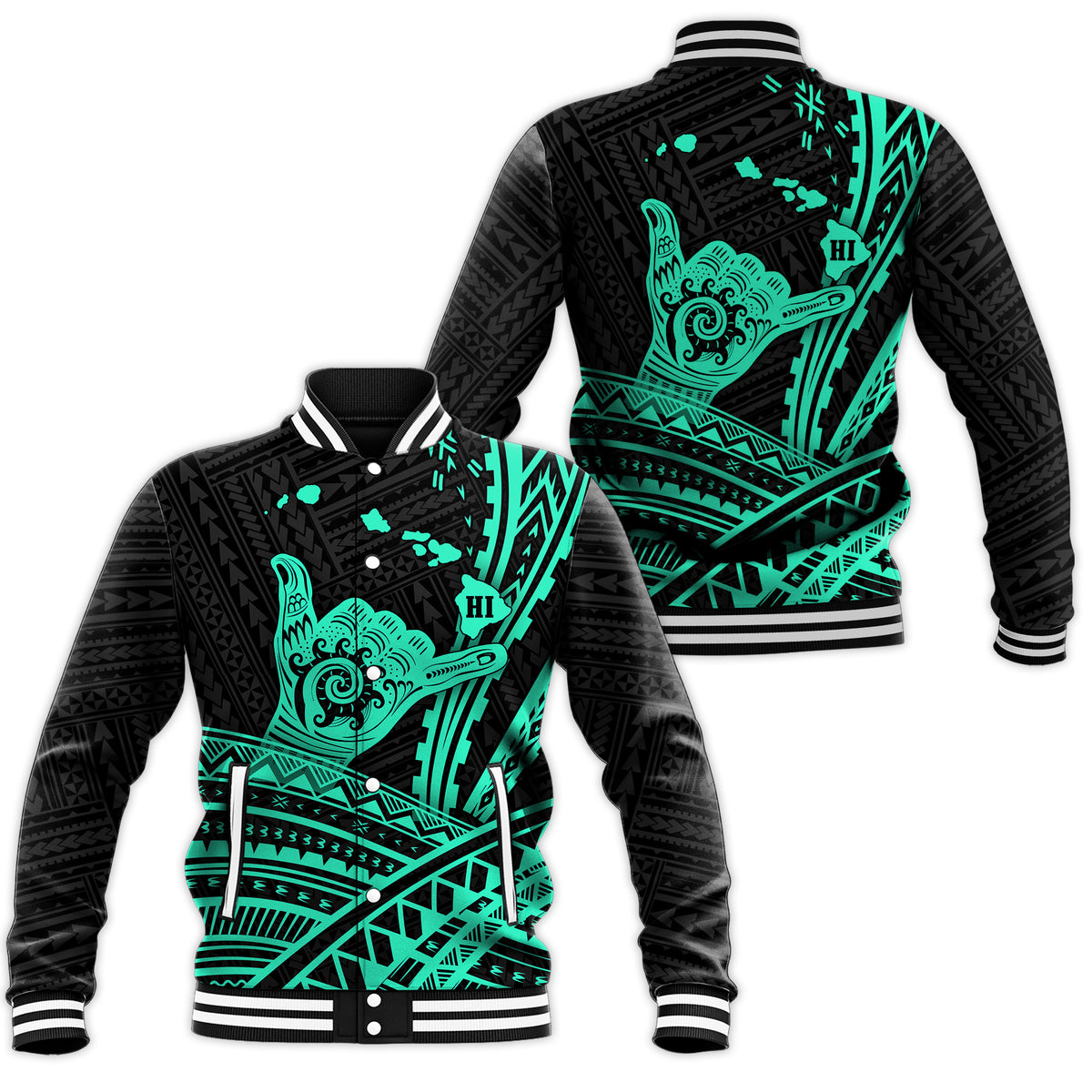 Hawaii Shaka Polynesian Tribal Turquoise Baseball Jacket - LT12 Unisex Blue - Polynesian Pride