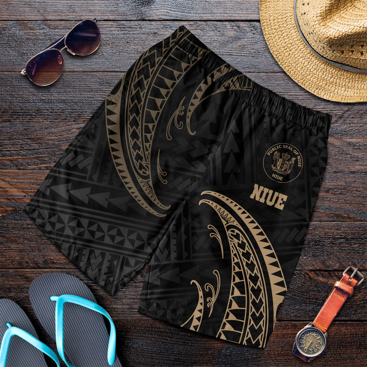 Nuie Polynesian Men's Short - Gold Tribal Wave - Polynesian Pride