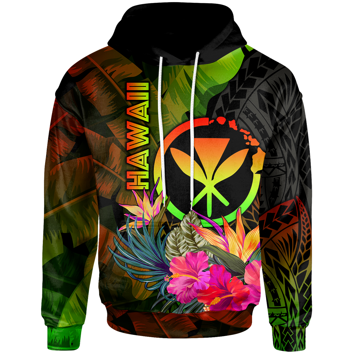 Polynesian Hawaii Kanaka Maoli Polynesian Hoodie Hibiscus and Banana Leaves Unisex Reggae - Polynesian Pride
