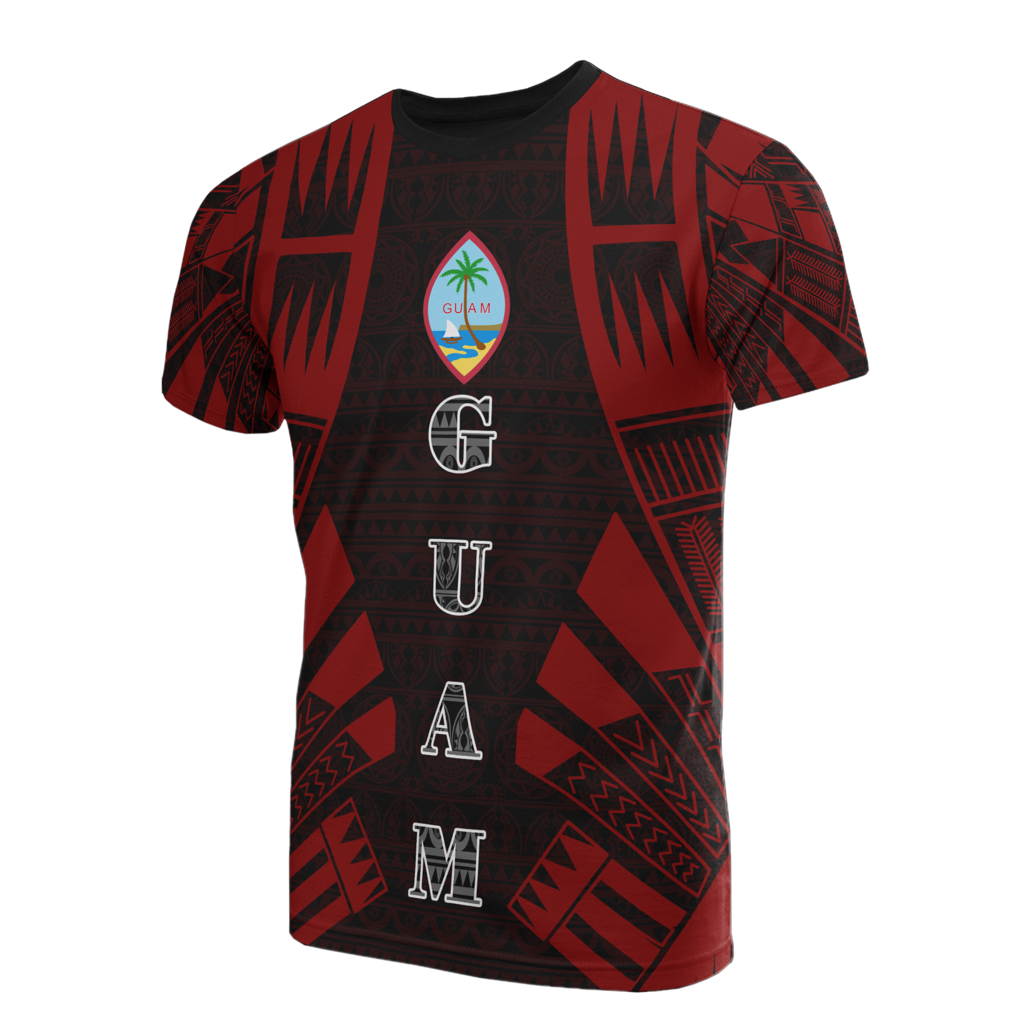 Guam T Shirt Guam Coat of Arms Polynesian Tattoo Red Style Unisex Red - Polynesian Pride