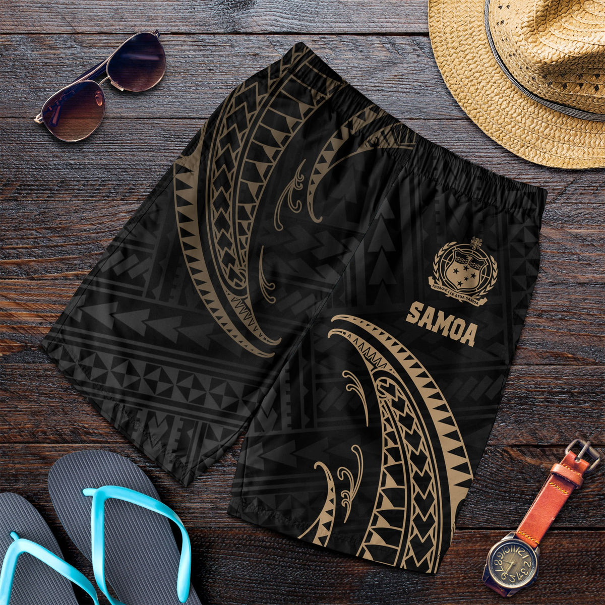 Samoa Polynesian Men's Short - Gold Tribal Wave - Polynesian Pride