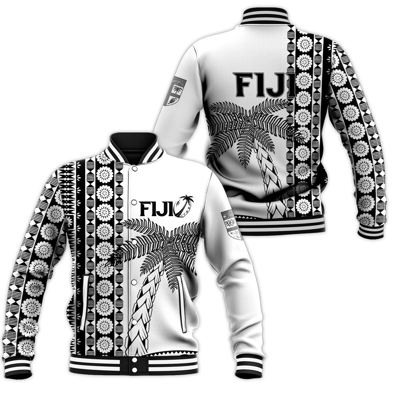 Fiji Rugby Baseball Jacket - Coconut Tree With Tapa Pattern - LT12 Unisex White - Polynesian Pride