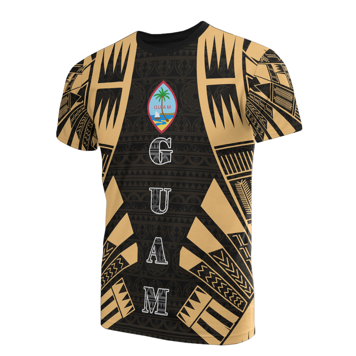 Guam T Shirt Guam Coat of Arms Polynesian Tattoo Gold Style Unisex Black-Gold - Polynesian Pride