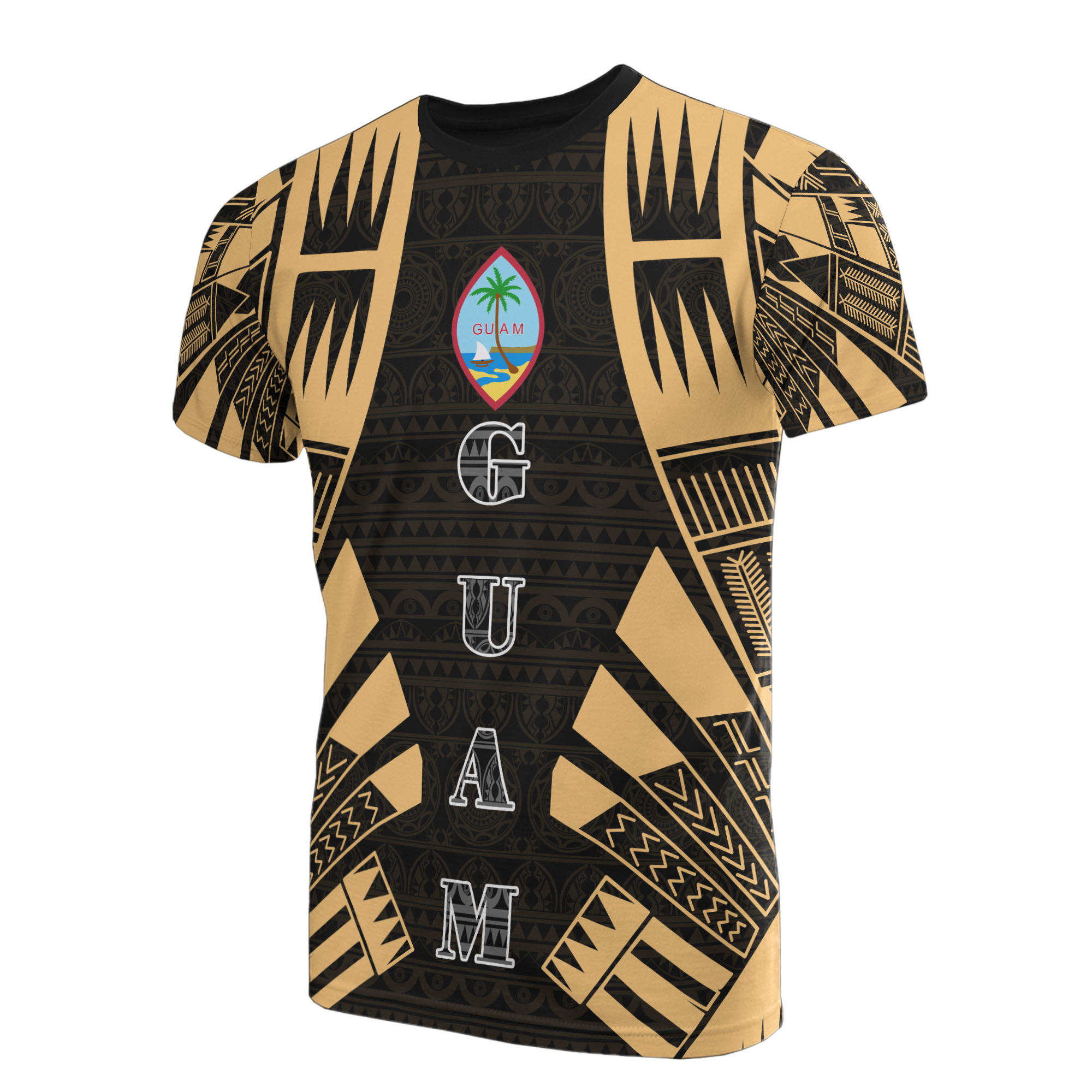 Guam T Shirt Guam Coat of Arms Polynesian Tattoo Gold Style Unisex Black-Gold - Polynesian Pride