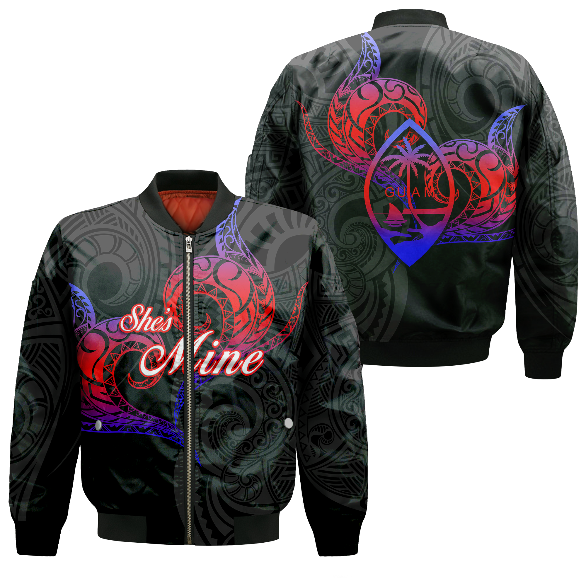 Valentine Day Guam Couple She Mine Bomber Jacket Heart Tribal - LT12 Bomber Jacket Black - Polynesian Pride