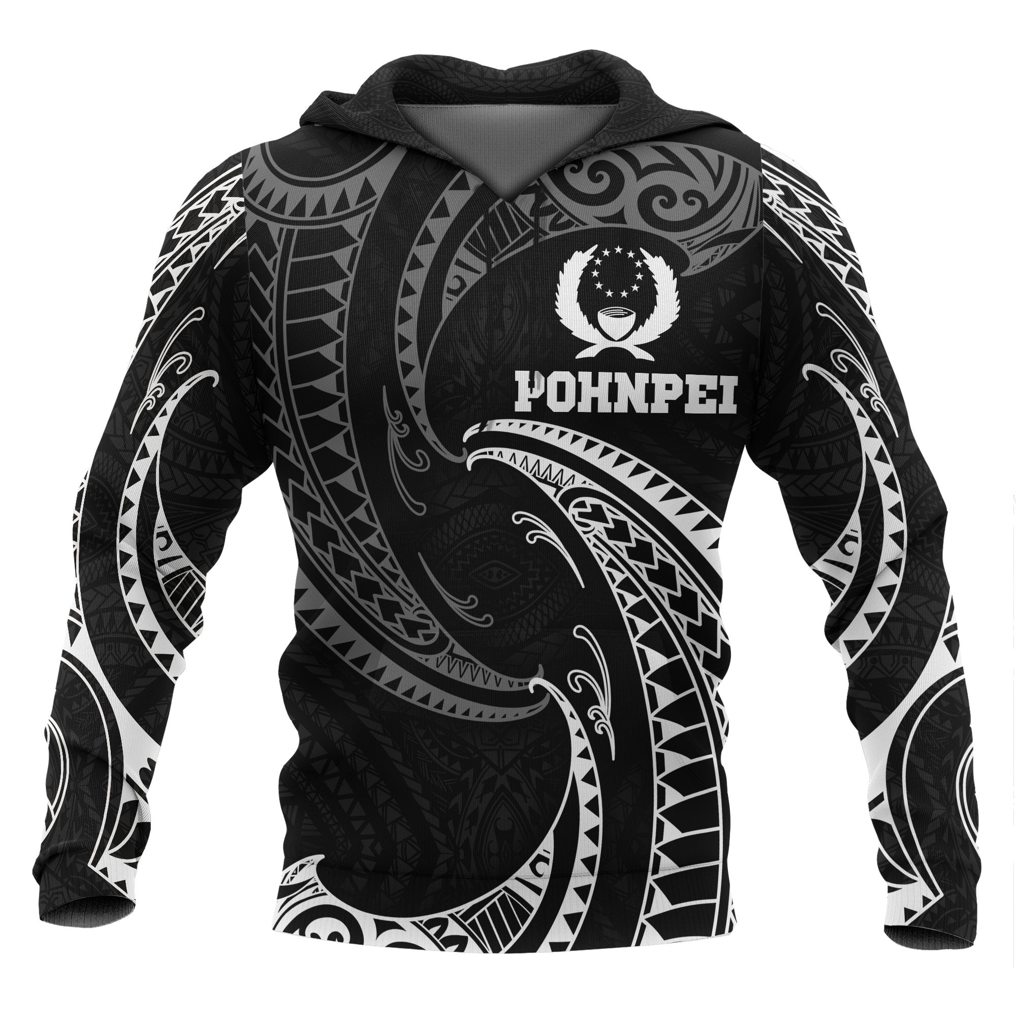 Pohnpei Micronesia Hoodie White Tribal Wave Unisex Black - Polynesian Pride