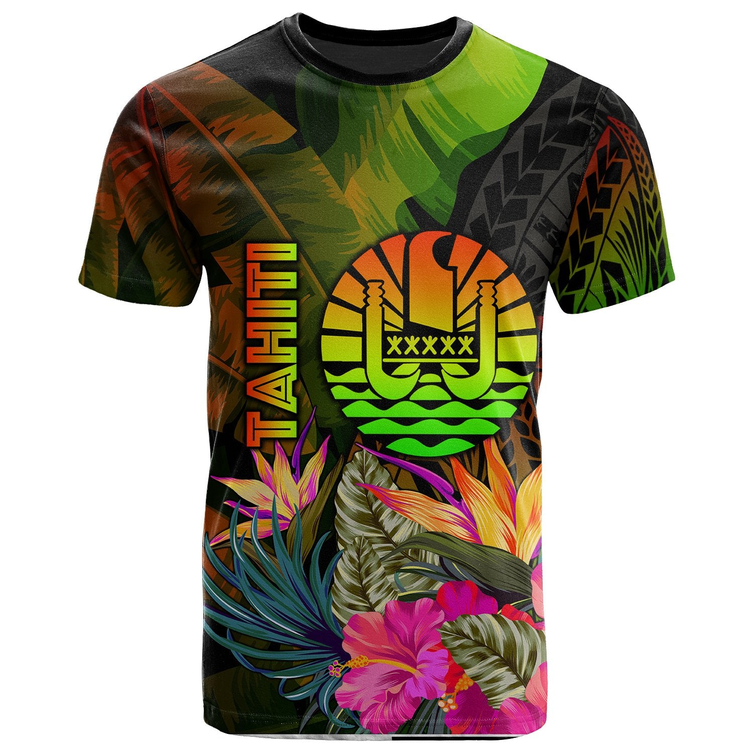 Tahiti Polynesian T Shirt Hibiscus and Banana Leaves Unisex Reggae - Polynesian Pride