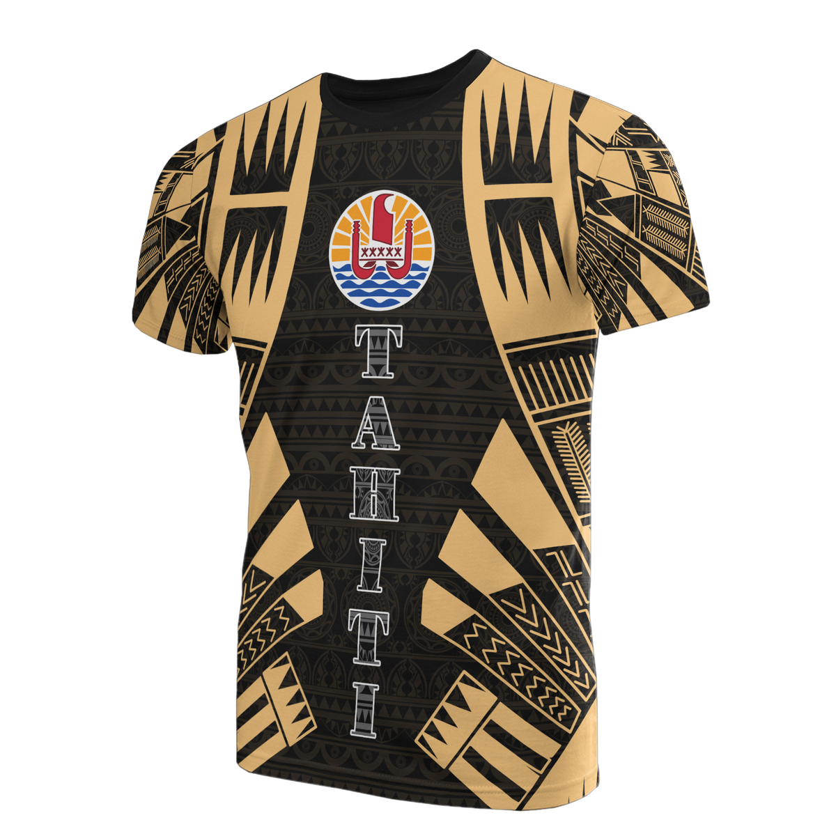 Tahiti T Shirt Tahiti FLag Polynesian Tattoo Gold Style Unisex Black-Gold - Polynesian Pride