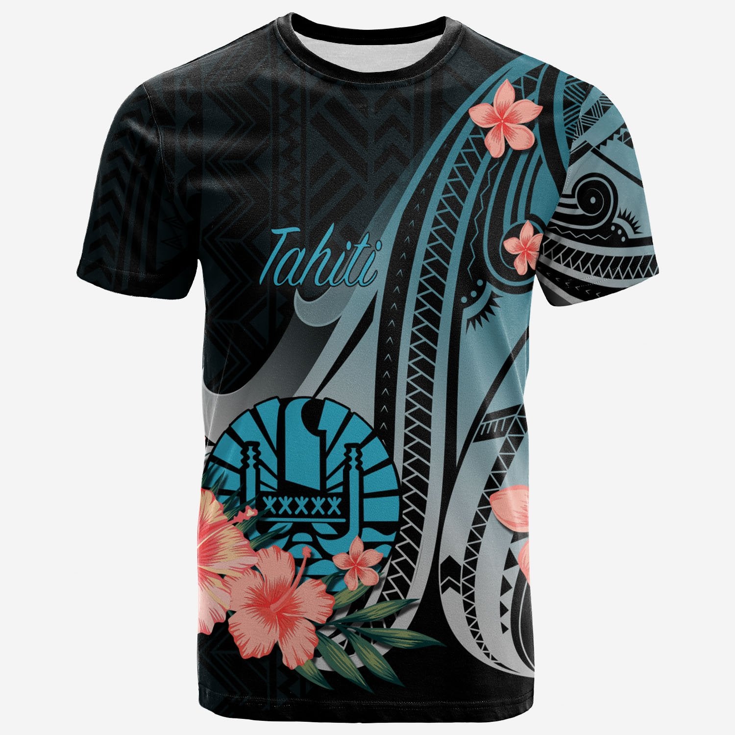 Tahiti T Shirt Turquoise Polynesian Hibiscus Pattern Style Unisex Art - Polynesian Pride