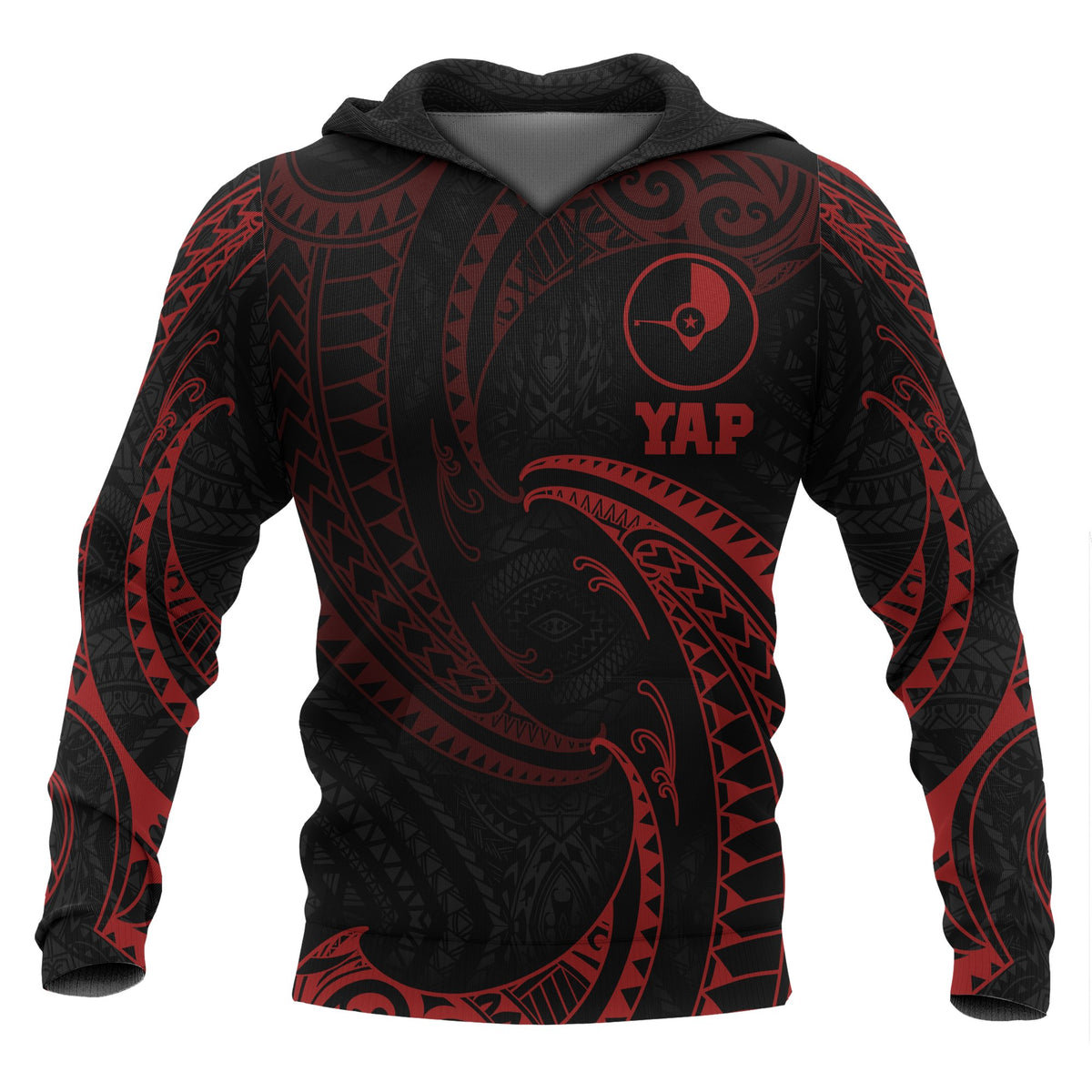 Yap Micronesia ll Over Hoodie Red Tribal Wave Unisex Red - Polynesian Pride