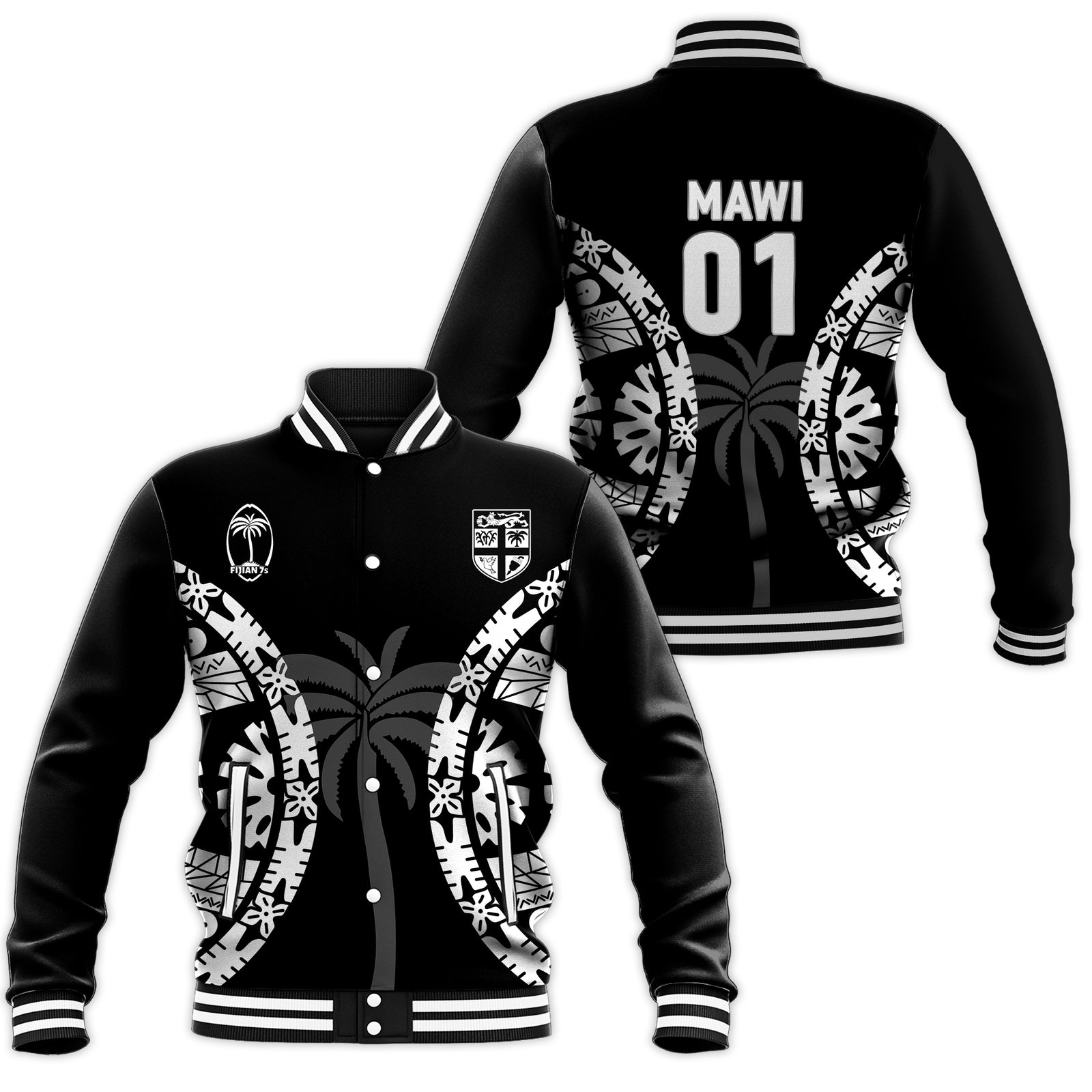 MAWI - Fiji Rugby Sevens Fijian Tapa Pattern Baseball Jacket - LT12 Unisex Blue - Polynesian Pride
