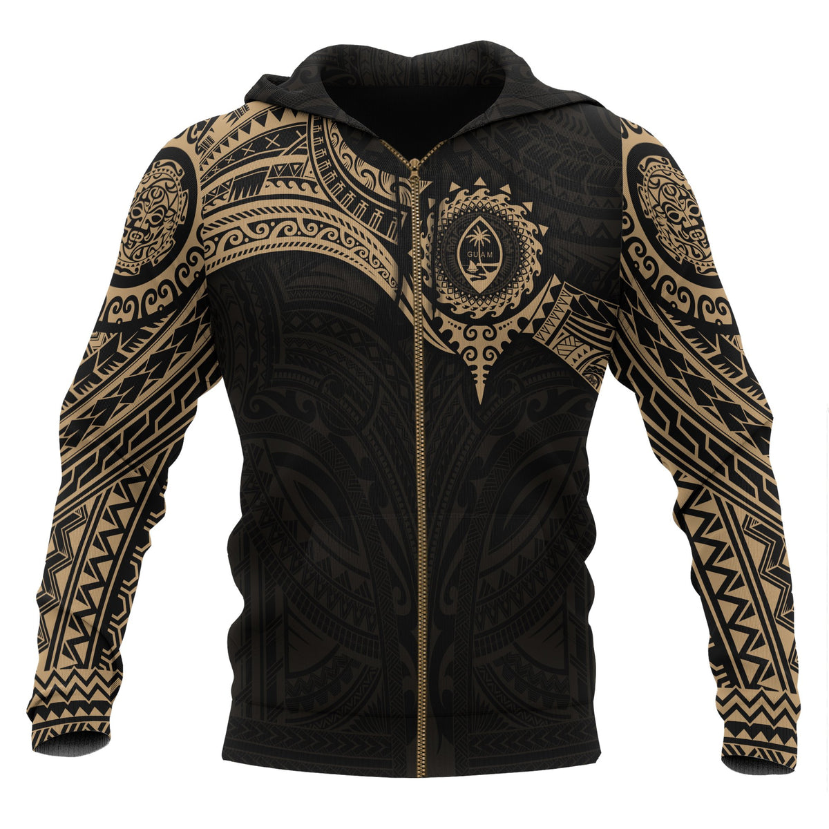 Guam Polynesian Zip up Hoodie Gold Heart Shield Unisex GOLD - Polynesian Pride