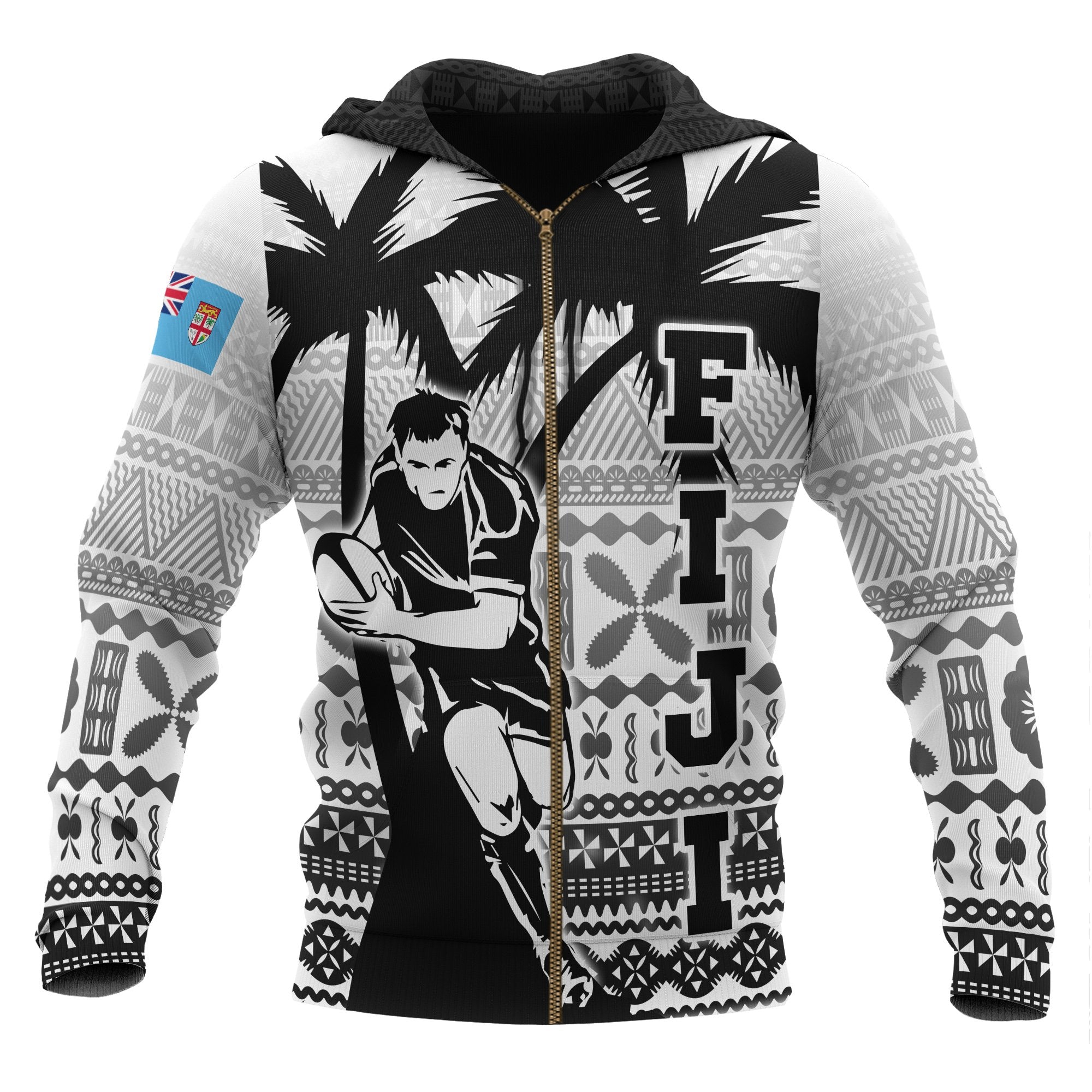 Fiji Tapa Zip up Hoodie Rugby Go Fiji Go Unisex Black - Polynesian Pride