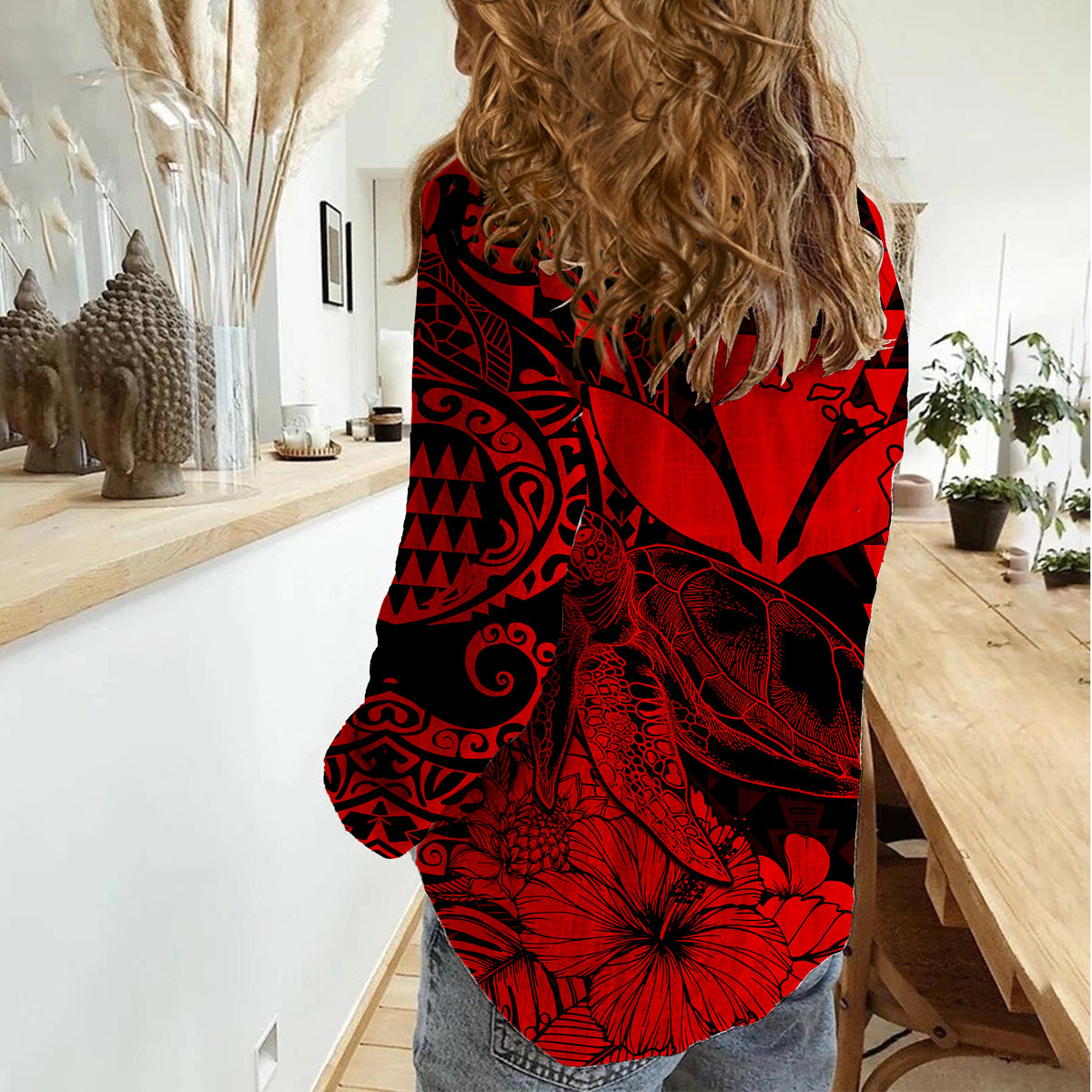 Kakau Polynesian Tribal Hawaiian Turtle with Kanaka Maoli Red Women Casual Shirt LT9 - Polynesian Pride