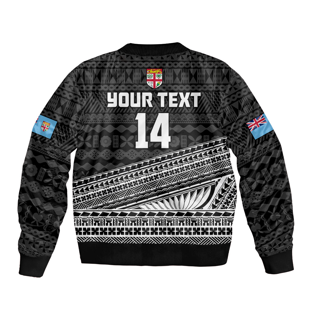 (Custom Text And Number) Fiji Sevens Rugby Fijian 7s Black Tapa Polynesian Art Sleeve Zip Bomber Jacket LT14 - Polynesian Pride