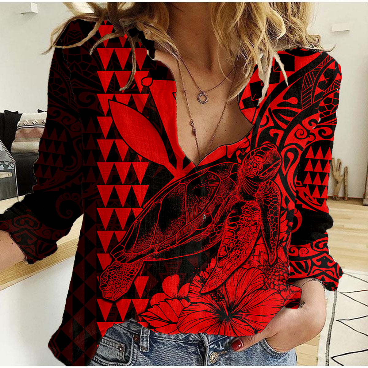 Kakau Polynesian Tribal Hawaiian Turtle with Kanaka Maoli Red Women Casual Shirt LT9 Female Red - Polynesian Pride