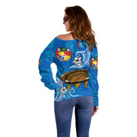 (Custom Personalised) Tonga Kumete Kava Bowl Sila Vibes - Blue Off Shoulder Sweater LT8 - Polynesian Pride