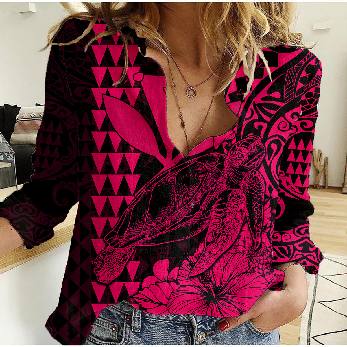 Kakau Polynesian Tribal Hawaiian Turtle with Kanaka Maoli Pink Women Casual Shirt LT9 Female Pink - Polynesian Pride