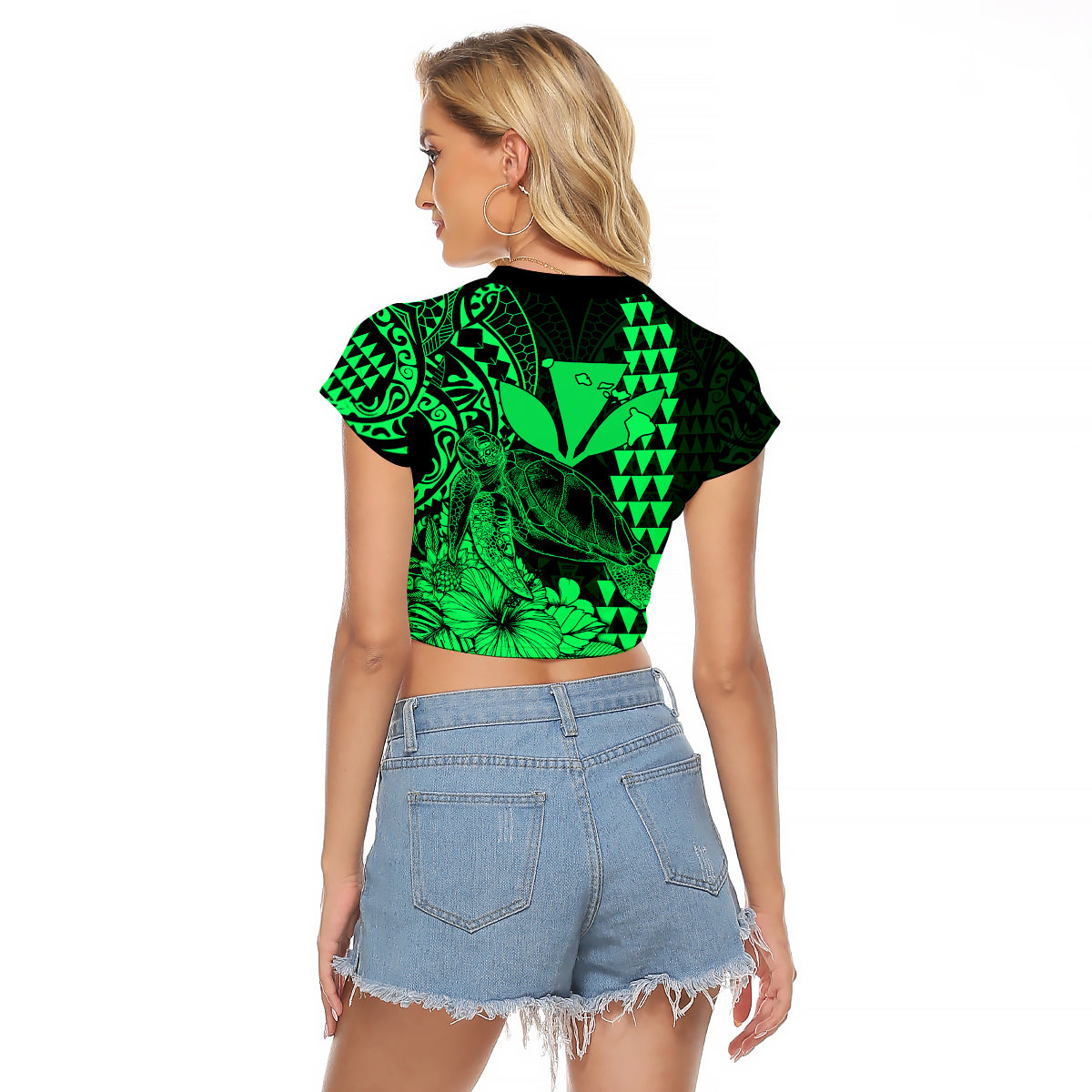 Kakau Polynesian Tribal Hawaiian Turtle with Kanaka Maoli Green Raglan Cropped T Shirt LT9 - Polynesian Pride