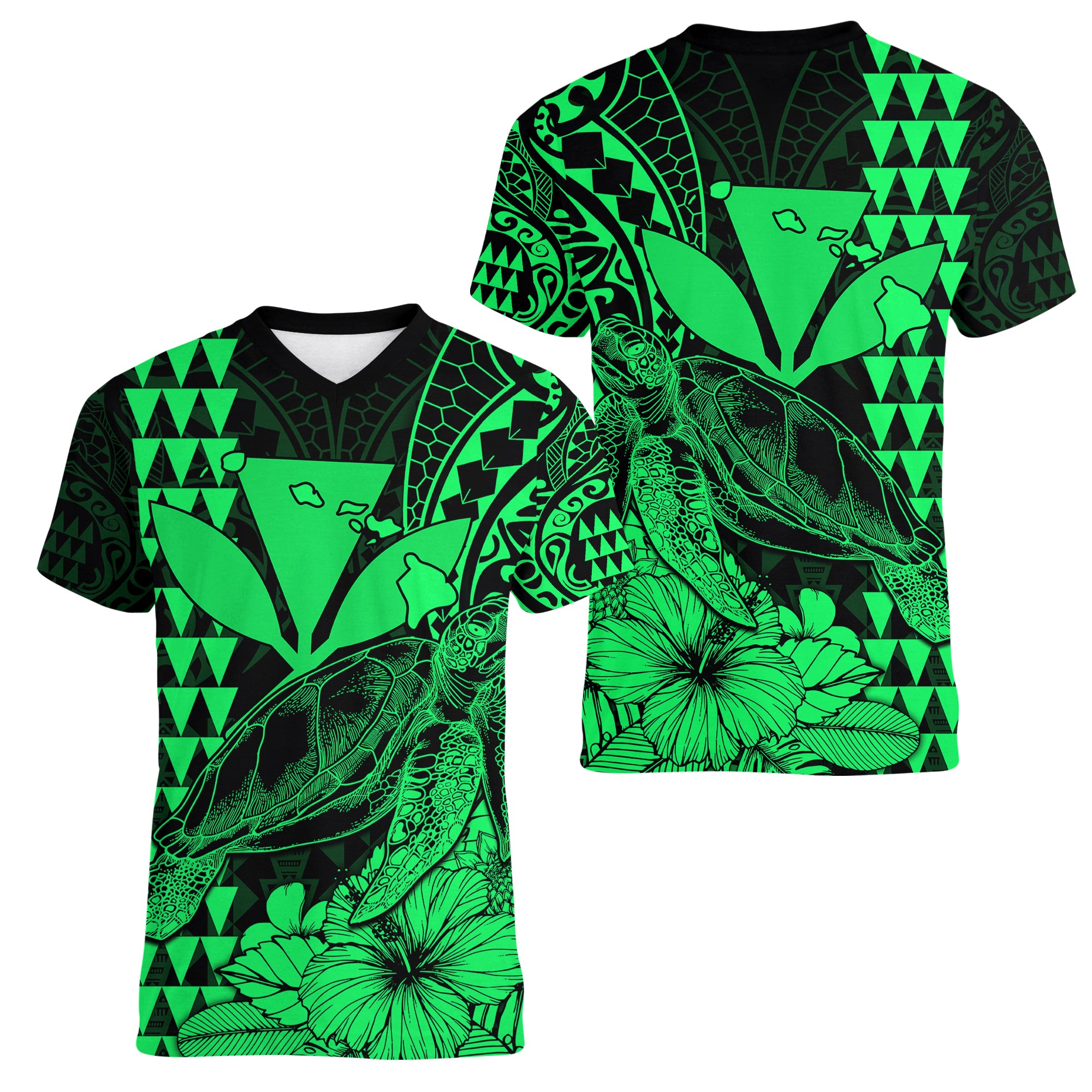 Kakau Polynesian Tribal Hawaiian Turtle with Kanaka Maoli Green Women V Neck T Shirt LT9 Female Green - Polynesian Pride