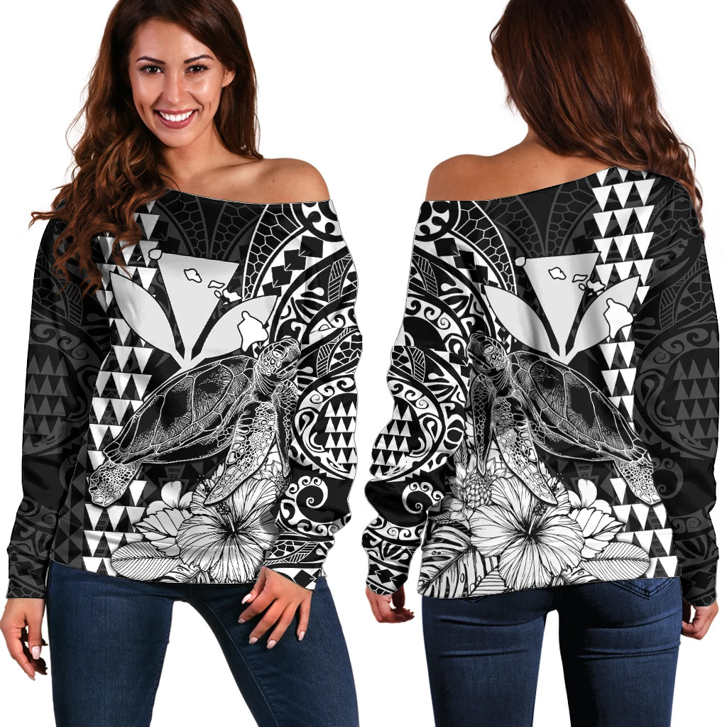 Kakau Polynesian Tribal Hawaiian Turtle with Kanaka Maoli Black Off Shoulder Sweater LT9 Women Black - Polynesian Pride