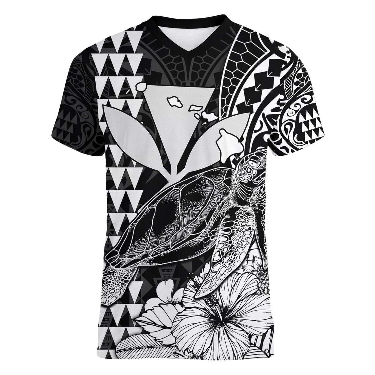Kakau Polynesian Tribal Hawaiian Turtle with Kanaka Maoli Black Women V Neck T Shirt LT9 - Polynesian Pride
