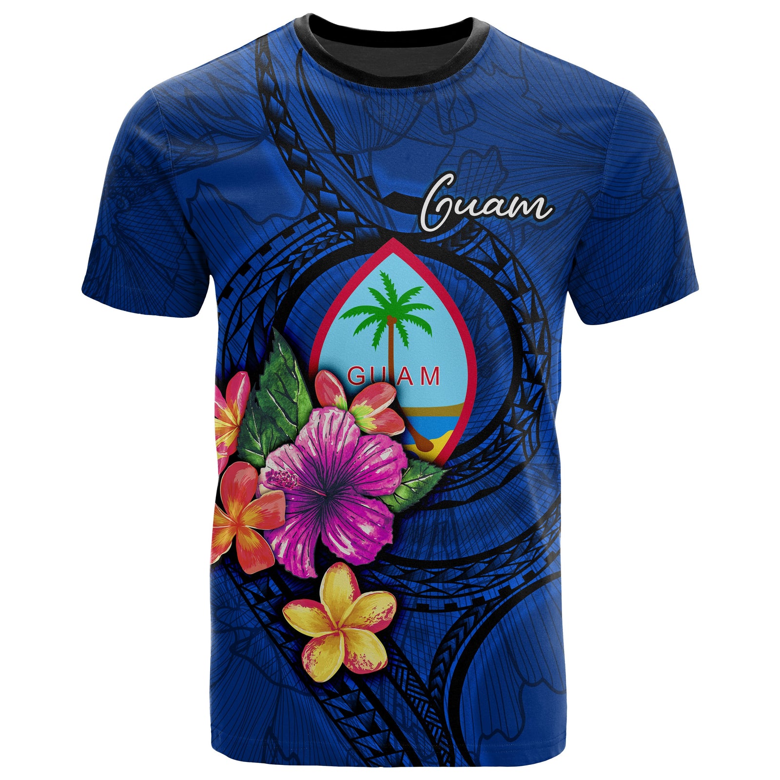 Guam Polynesian T Shirt Floral With Seal Blue Unisex Blue - Polynesian Pride