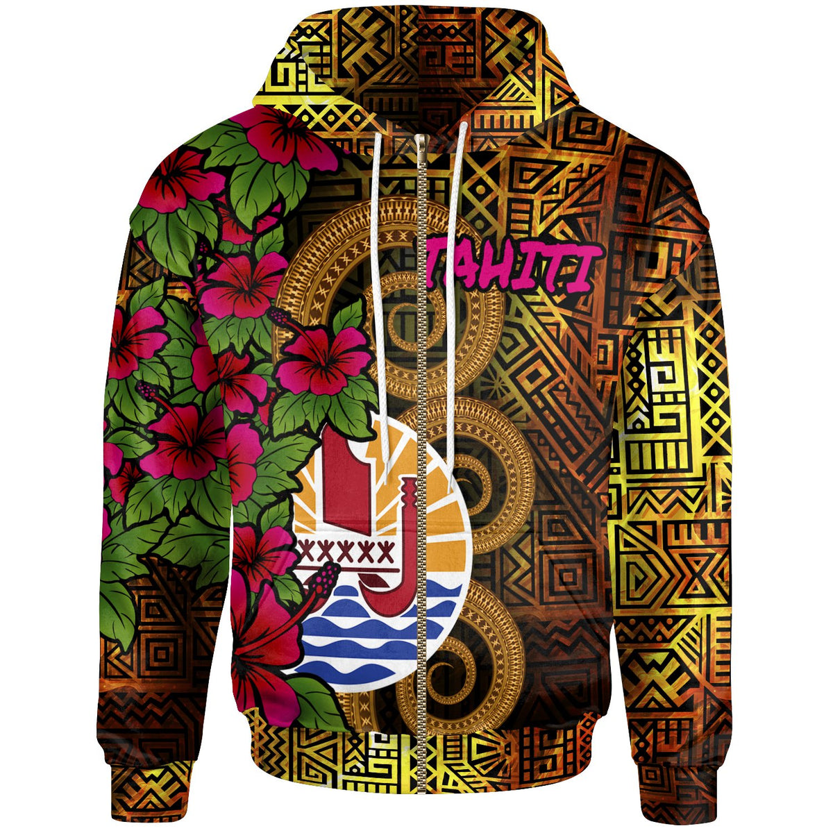 Tahiti Polynesian Zip up Hoodie Hibiscus Vintage Unisex Orange - Polynesian Pride
