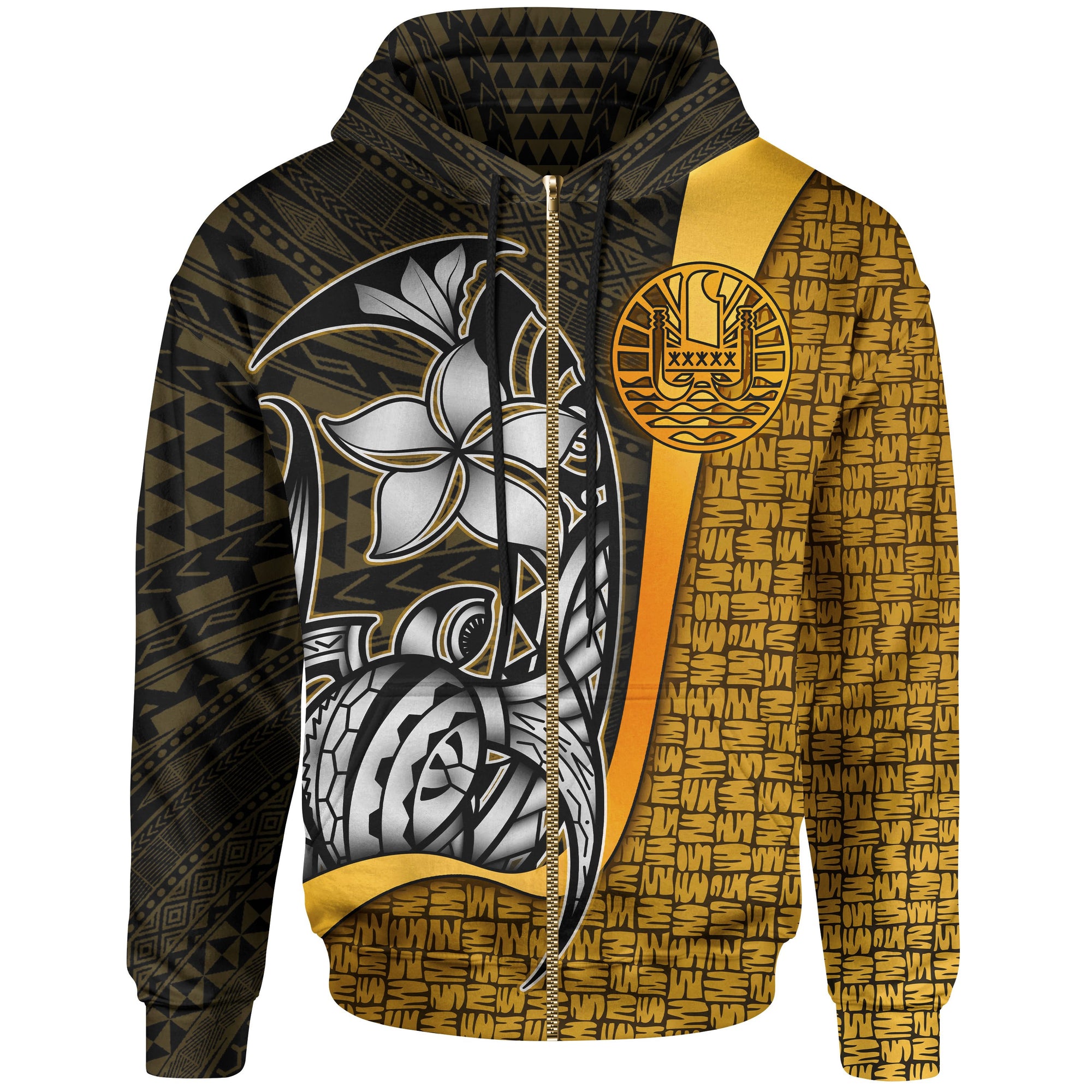 Tahiti Polynesian Zip up Hoodie Gold Turtle with Hook Unisex GOLD - Polynesian Pride