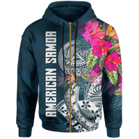 American Samoa Zip up Hoodie Polynesian Hibiscus with Summer Vibes Unisex Blue - Polynesian Pride