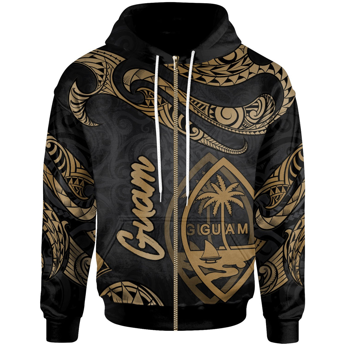 Guam Polynesian Zip Hoodie Polynesian Tattoo Gold Version Unisex Gold - Polynesian Pride