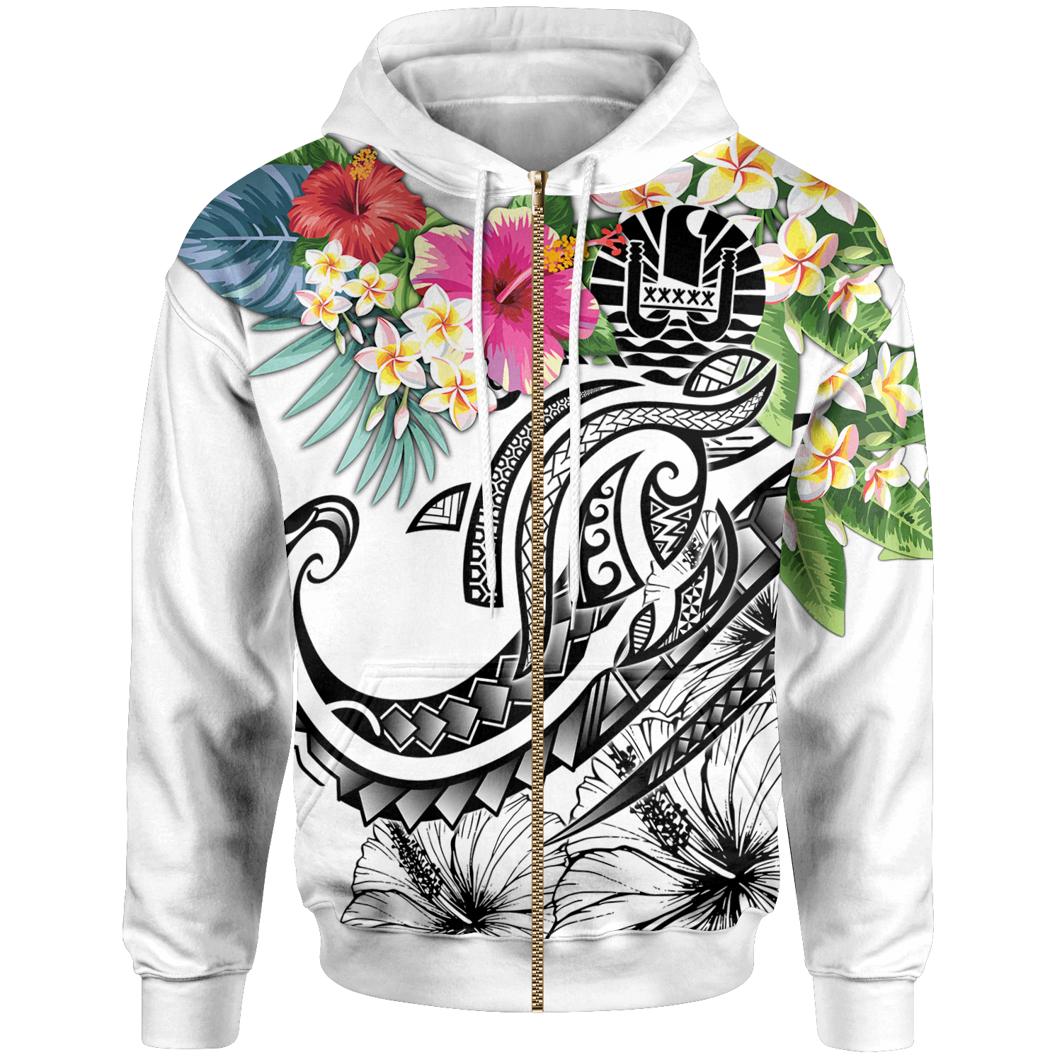 Tahiti Polynesian Zip up Hoodie Summer Plumeria (White) Unisex White - Polynesian Pride