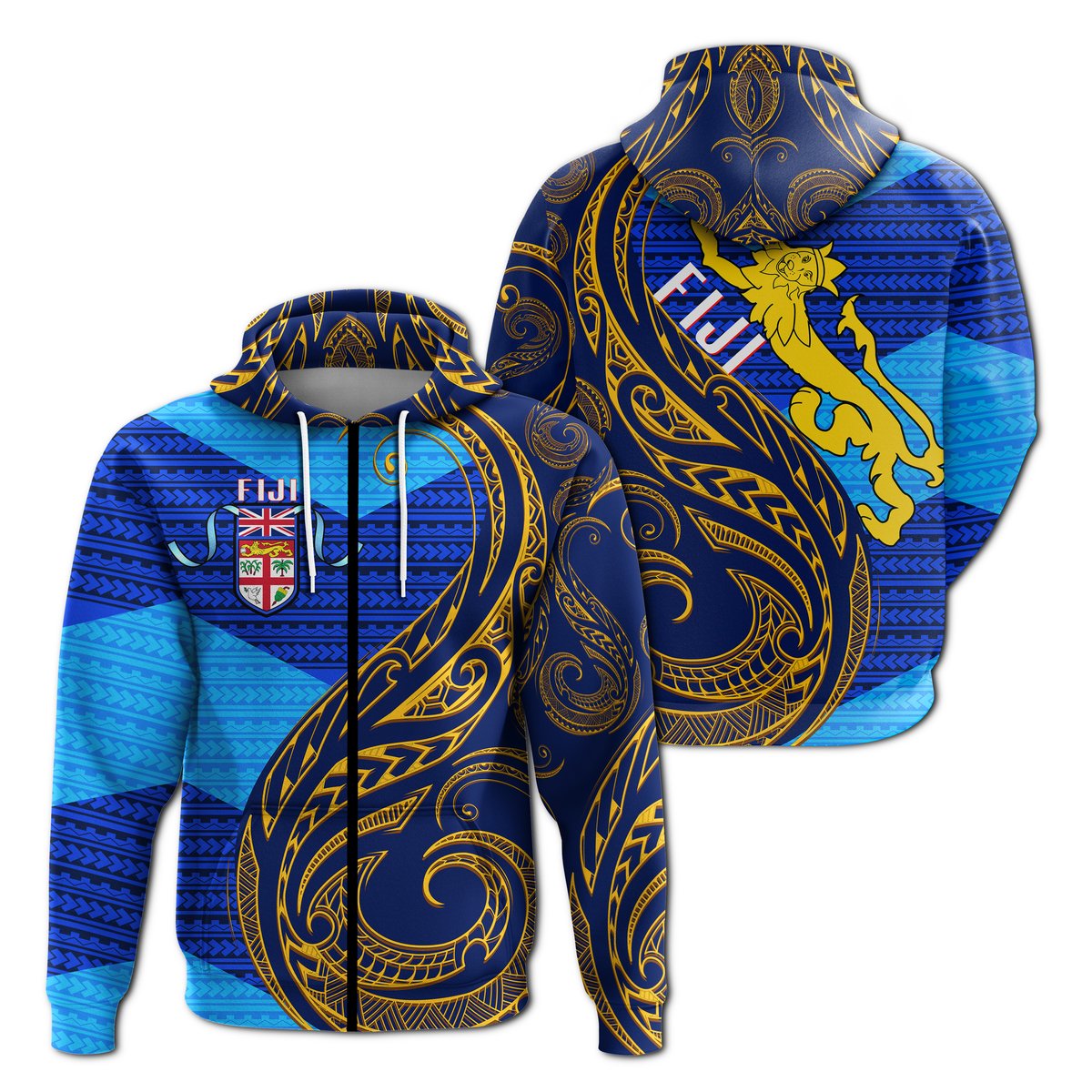 Fiji Zip up Hoodie Flags Color With Gold Polynesian Pattern LT20 Unisex Green - Polynesian Pride