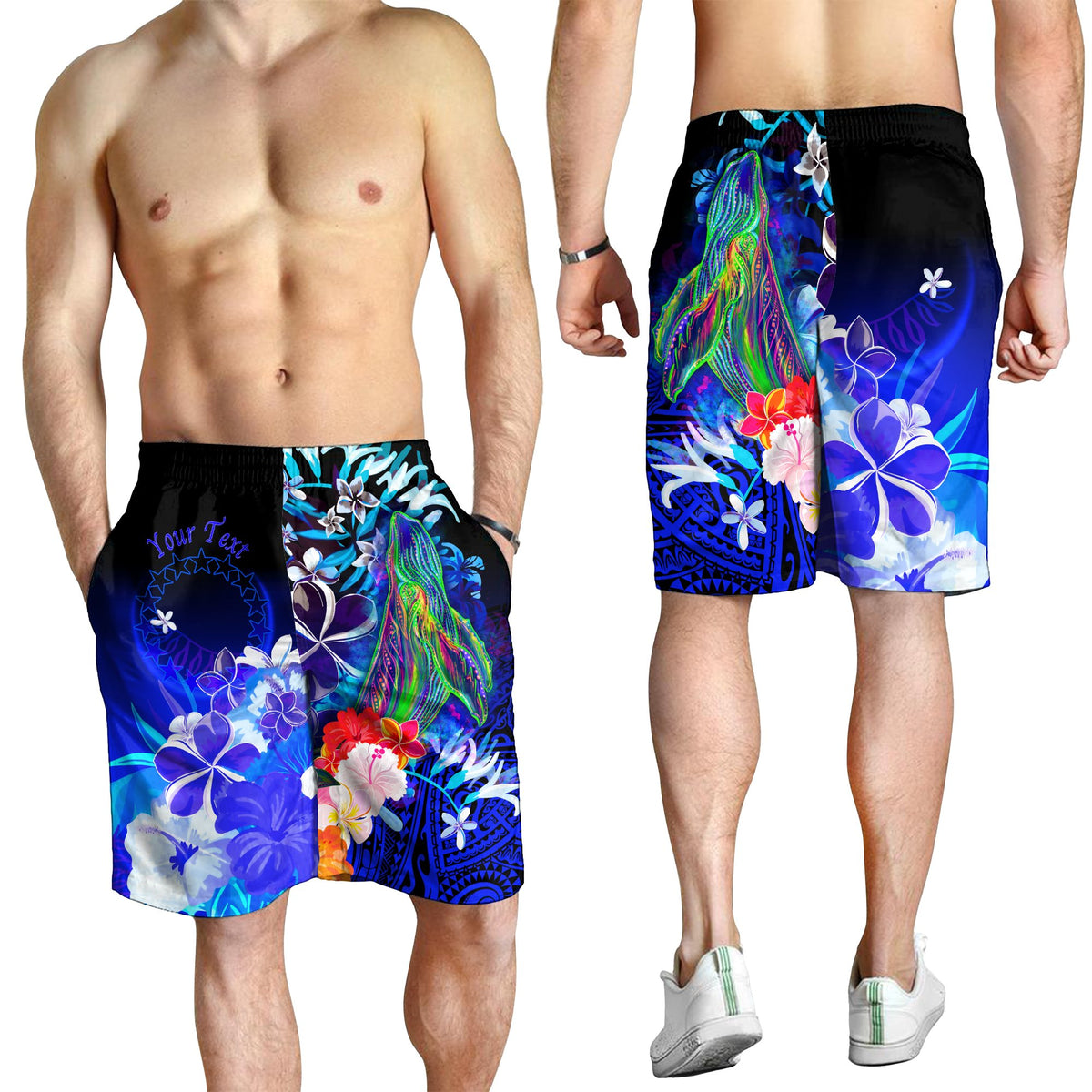Cook Islands Custom Personalised Men's Shorts - Humpback Whale with Tropical Flowers (Blue) - Polynesian Pride