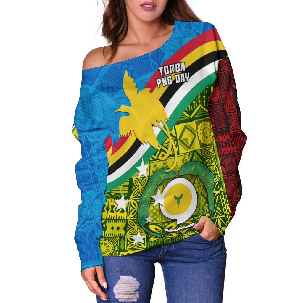 Torba PNG Day Off Shoulder Sweater Vanuatu and Papua New Guinea - Combine Flag Design LT4 - Polynesian Pride