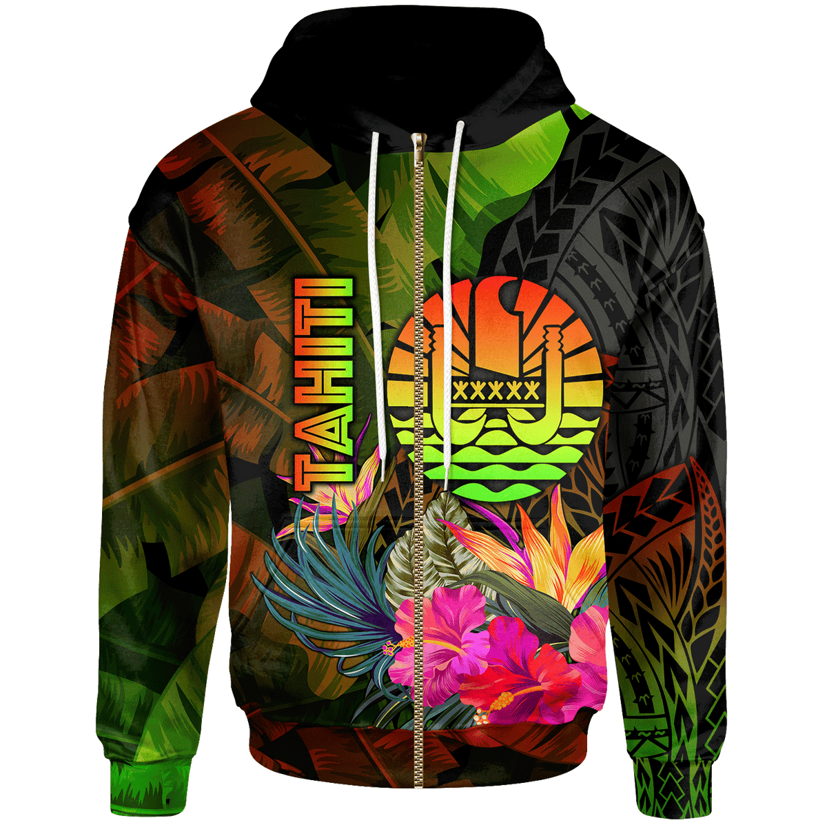 Tahiti Polynesian Zip up Hoodie Hibiscus and Banana Leaves Unisex Reggae - Polynesian Pride