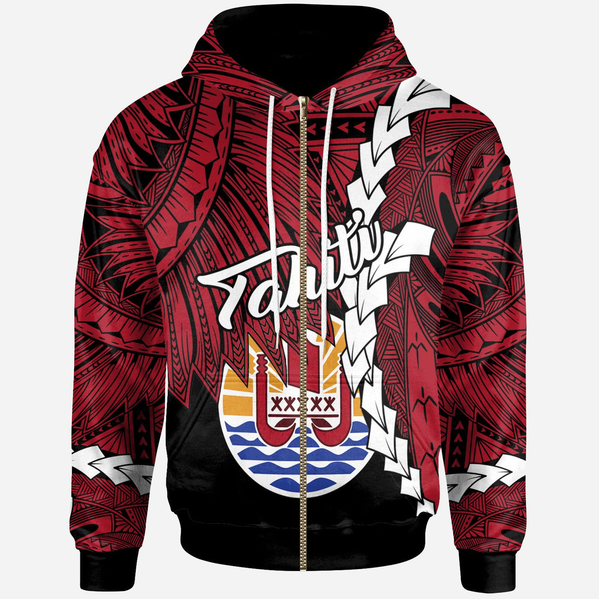 Tahiti Polynesian Zip up Hoodie Tribal Wave Tattoo Flag Style Unisex Black - Polynesian Pride