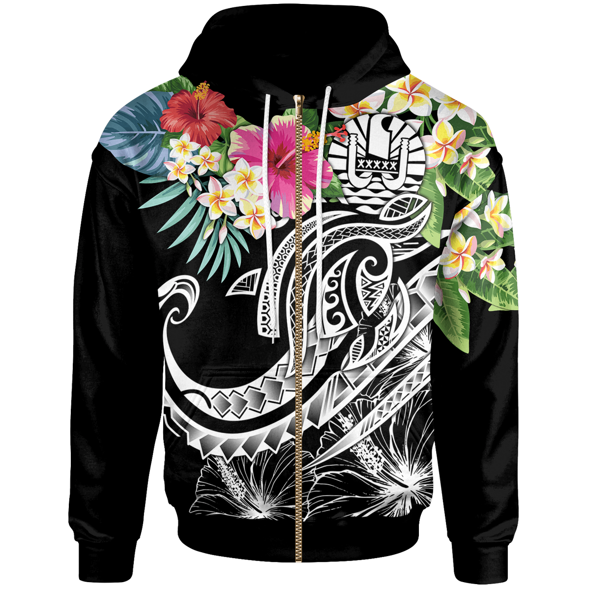 Tahiti Polynesian Zip up Hoodie Summer Plumeria (Black) Unisex Black - Polynesian Pride
