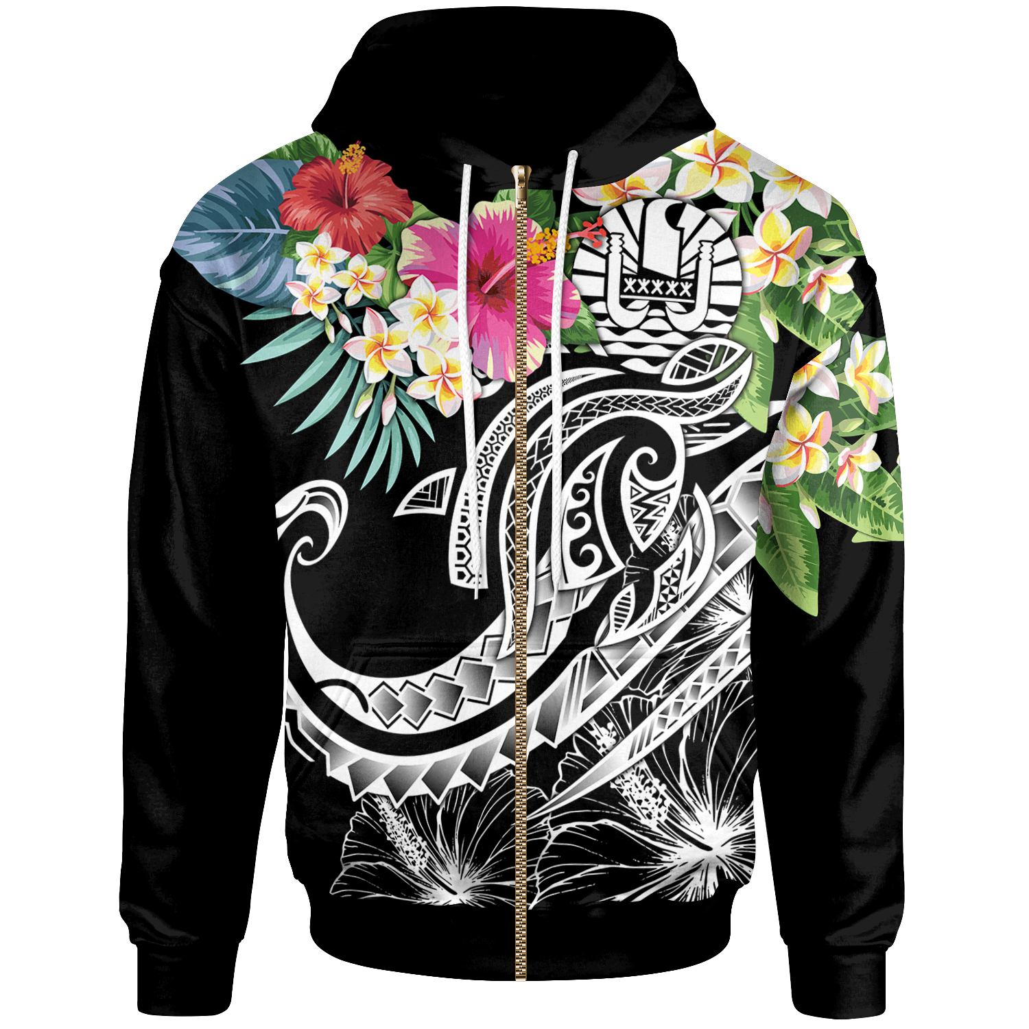 Tahiti Polynesian Zip up Hoodie Summer Plumeria (Black) Unisex Black - Polynesian Pride