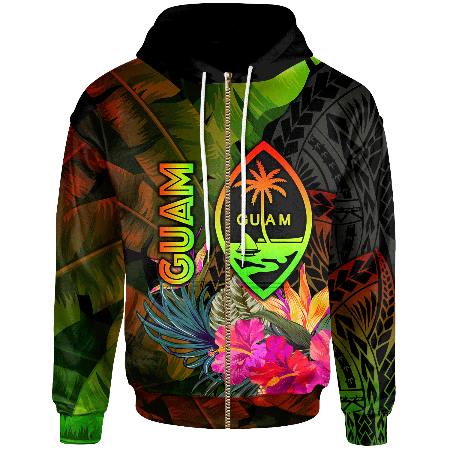 Guam Polynesian Zip up Hoodie Hibiscus and Banana Leaves Unisex Reggae - Polynesian Pride