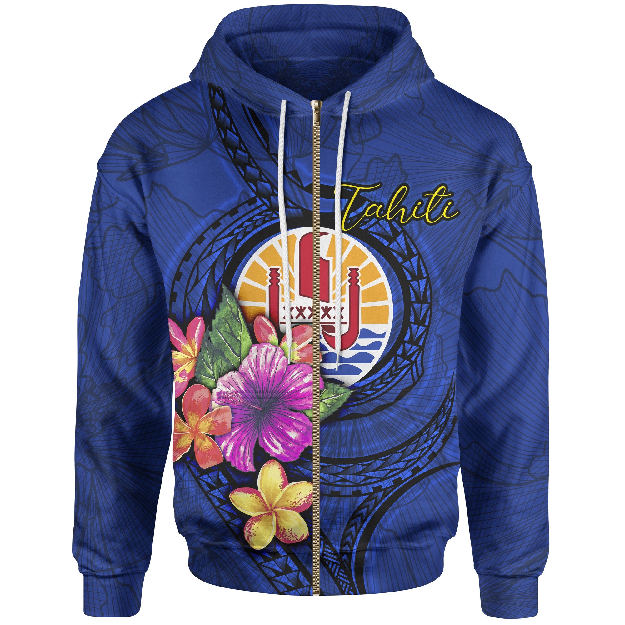 Tahiti Polynesian Zip up Hoodie Floral With Seal Blue Unisex Blue - Polynesian Pride
