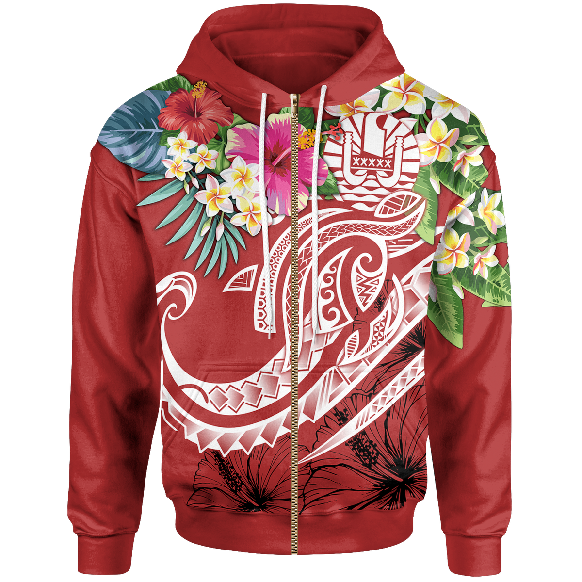 Tahiti Polynesian Zip up Hoodie Summer Plumeria (Red) Unisex Red - Polynesian Pride